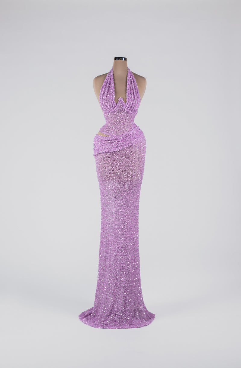 Sihëna Starlit Lilac Current — lilac halter sequin column gown with a waist cutout and draped sash.