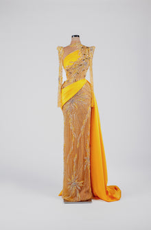Sihëna Solar Flare Majesty — marigold high-neck long-sleeve gown with crystal sunburst beadwork on sheer tulle and draped satin overskirt.