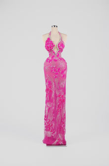 Sihëna Electric Fuchsia Bloom — fuchsia halter column gown with 3D-floral petals and crystal beadwork on sheer nude tulle.