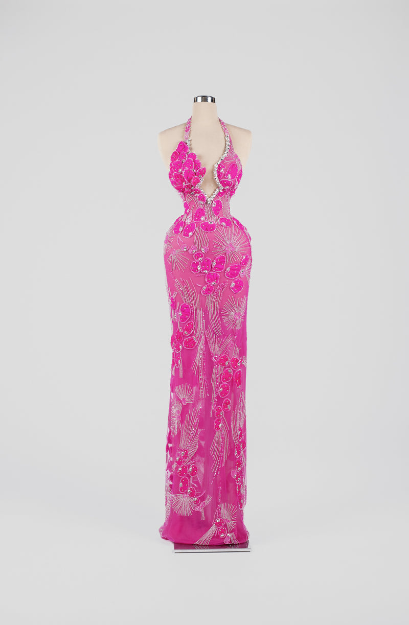 Sihëna Electric Fuchsia Bloom — fuchsia halter column gown with 3D-floral petals and crystal beadwork on sheer nude tulle.