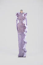 Sihëna Amethyst Tidal Halo — lilac high-neck long-sleeve gown with pearl-crystal beadwork on sheer tulle and a cascading organza ruffle.
