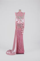 Sihëna Pink Radiance Rhapsody — pink high-neck long-sleeve satin gown with crystal beadwork, rosette ruffles and overskirt train.
