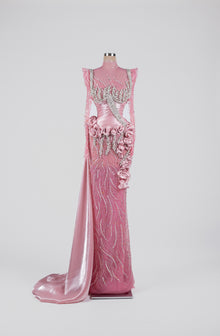 Sihëna Pink Radiance Rhapsody — pink high-neck long-sleeve satin gown with crystal beadwork, rosette ruffles and overskirt train.
