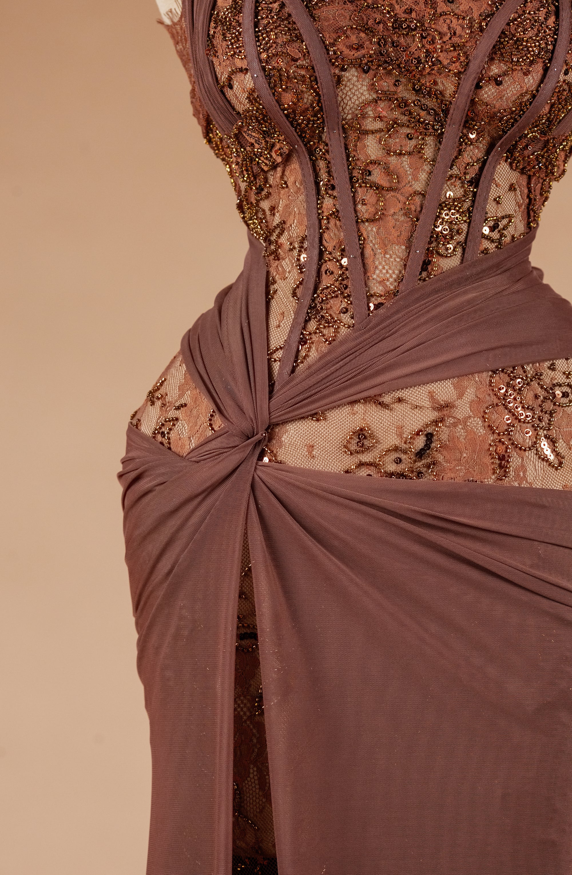 Sihëna Cocoa Veil — mocha halter sleeveless mermaid evening dress