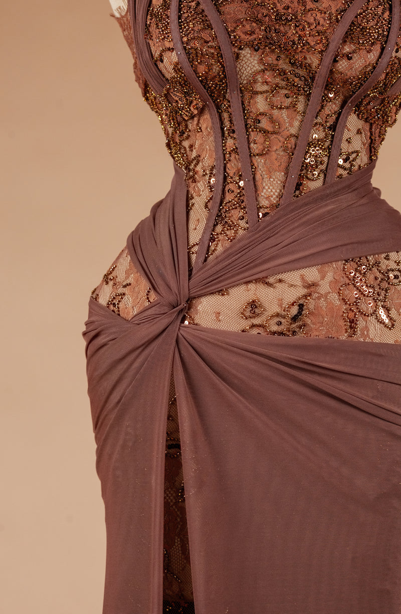Sihëna Cocoa Veil — mocha halter sleeveless mermaid evening dress