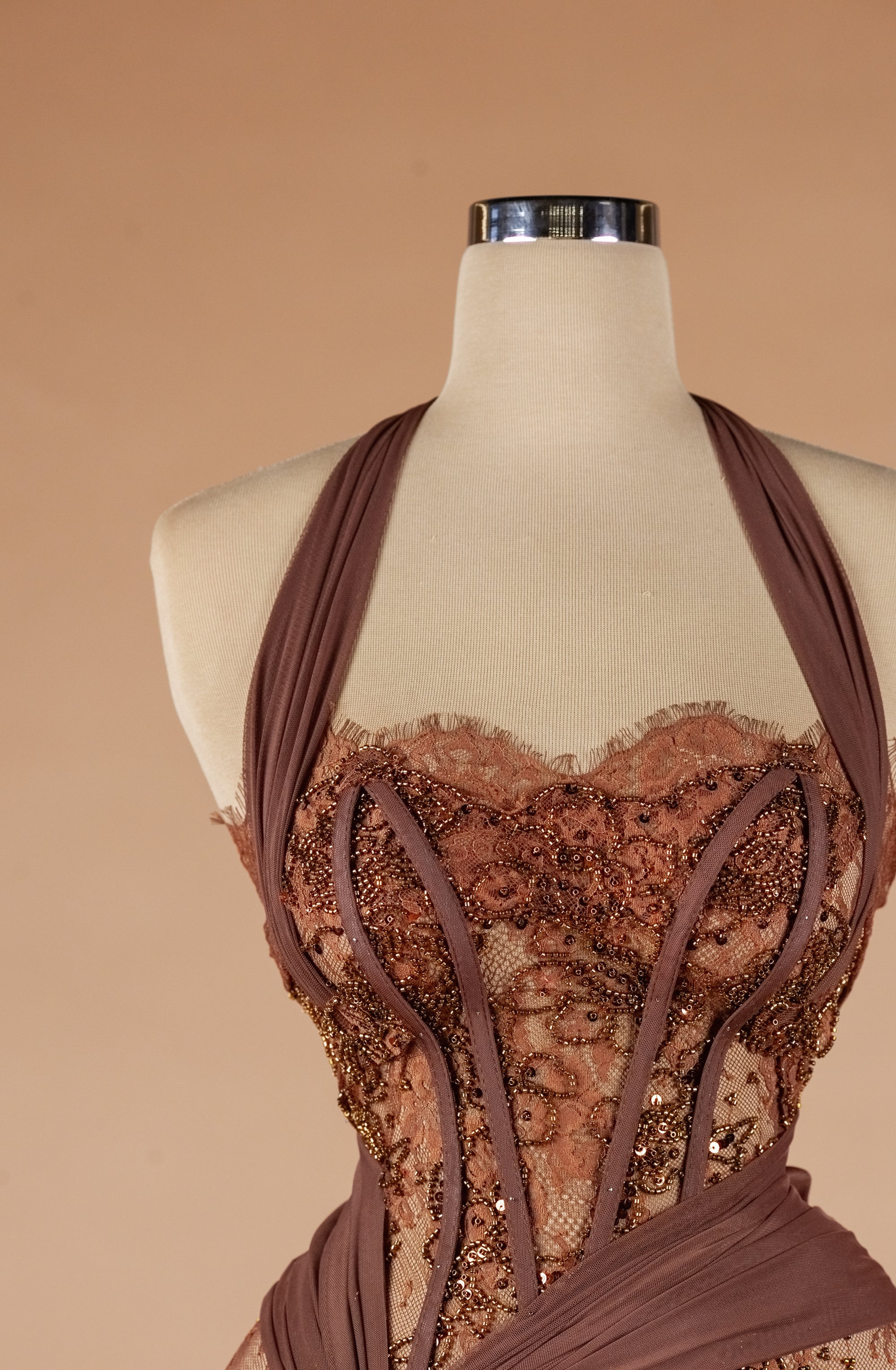 Sihëna Cocoa Veil — mocha halter sleeveless mermaid evening dress