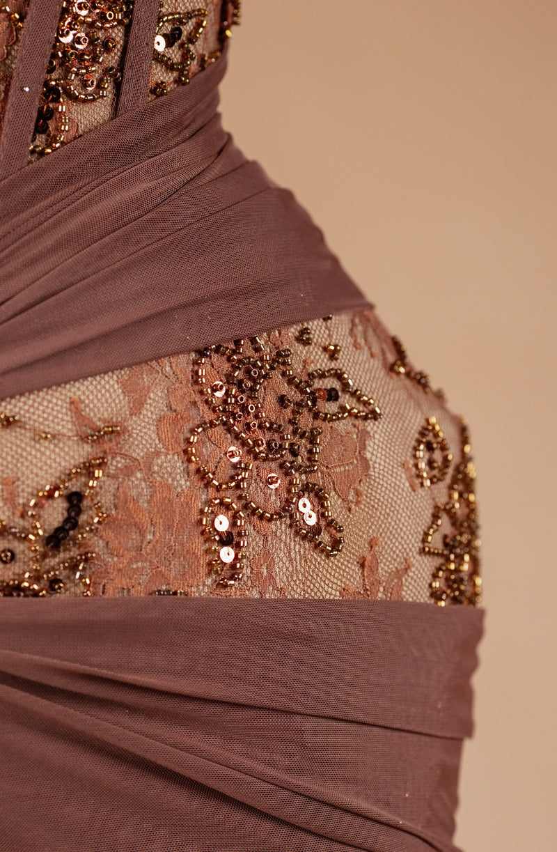 Sihëna Cocoa Veil — mocha halter sleeveless mermaid evening dress