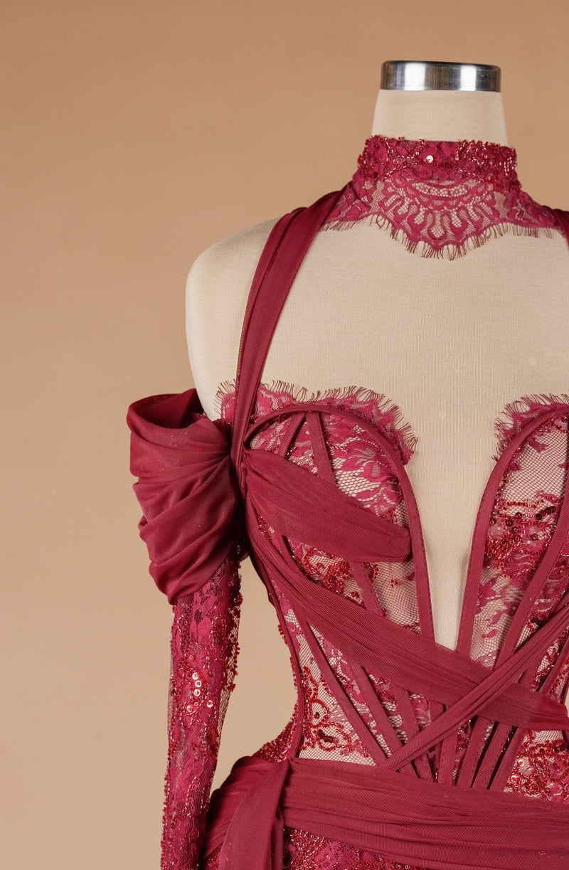 Sihëna Crimson Aria — burgundy sweetheart off-shoulder mermaid evening dress
