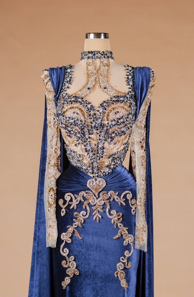 Sihëna Midnight Aureate — navy high-neck long-sleeve mermaid evening dress