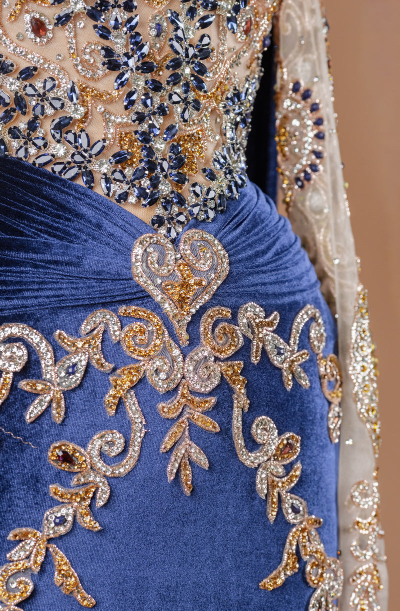Sihëna Midnight Aureate — navy high-neck long-sleeve mermaid evening dress