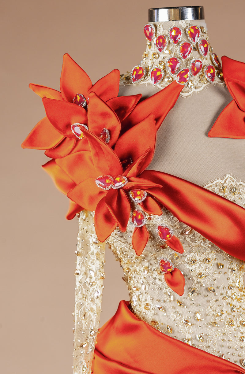 Sihëna Solar Blossom — marigold high-neck long-sleeve mermaid evening dress