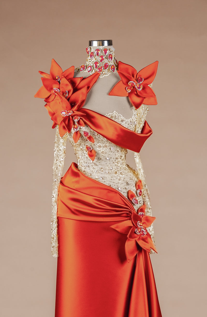 Sihëna Solar Blossom — marigold high-neck long-sleeve mermaid evening dress
