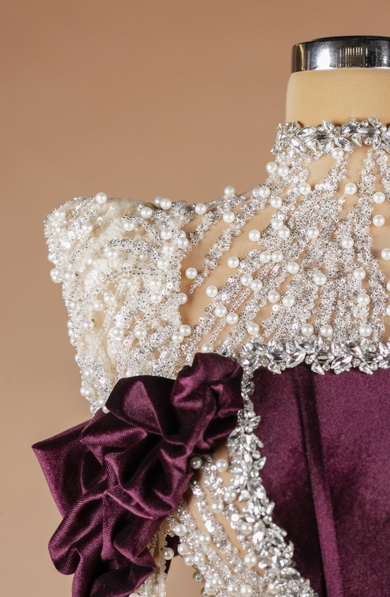 Sihëna Plum Pearl Citadel — burgundy high-neck long-sleeve column evening dress