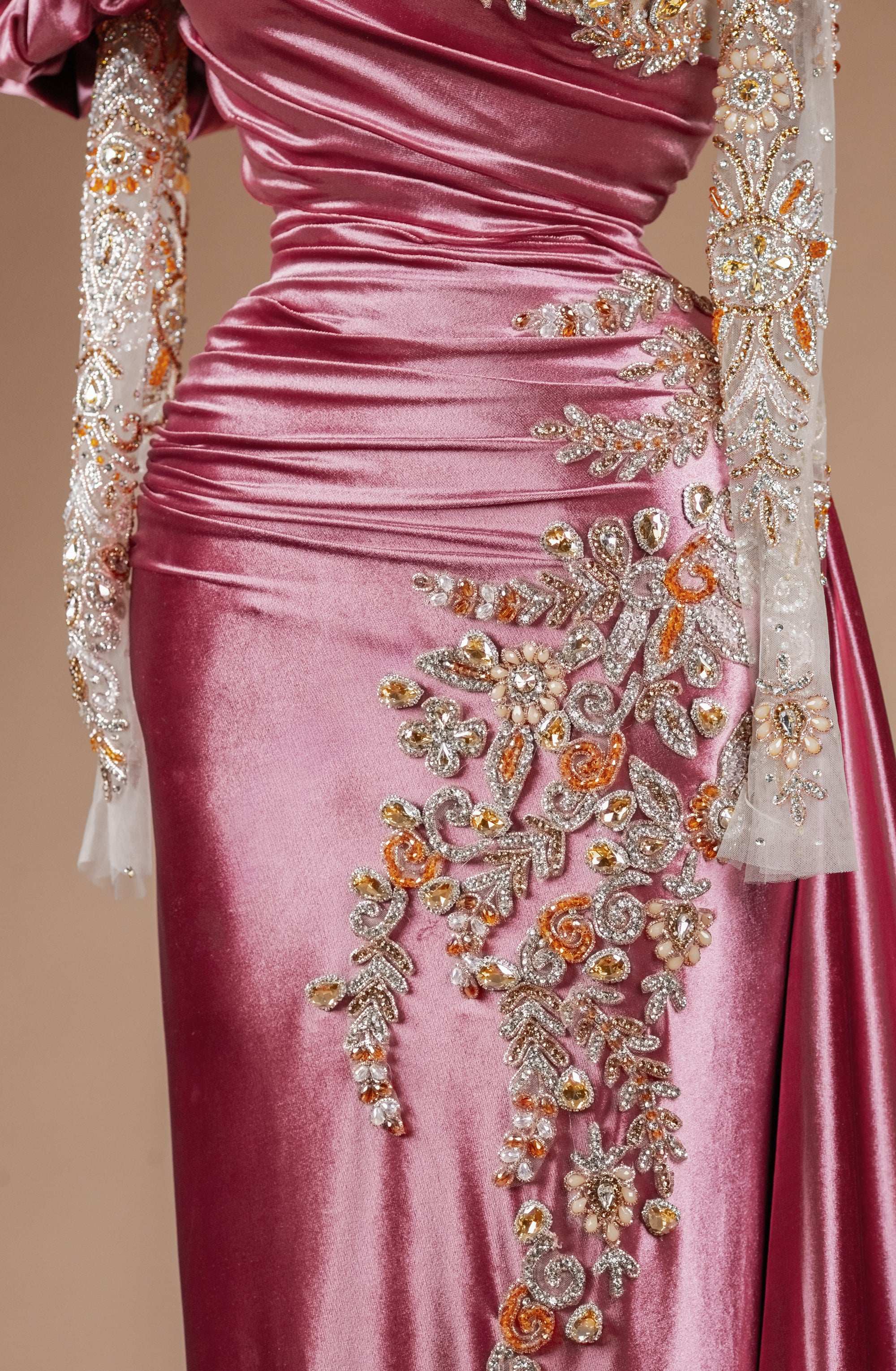 Sihëna Damask Rose Cascade — dusty-rose high-neck long-sleeve column evening dress