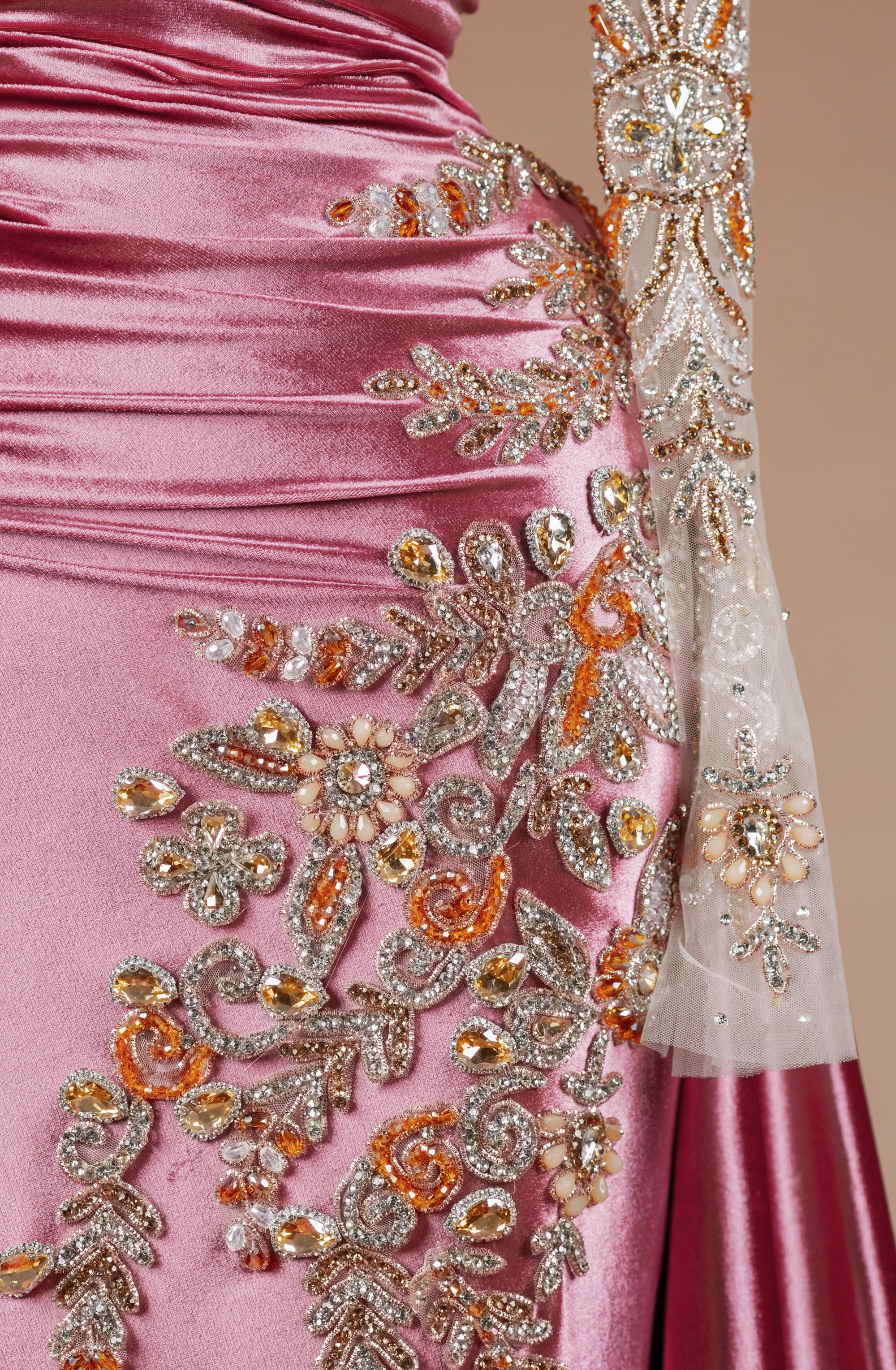 Sihëna Damask Rose Cascade — dusty-rose high-neck long-sleeve column evening dress