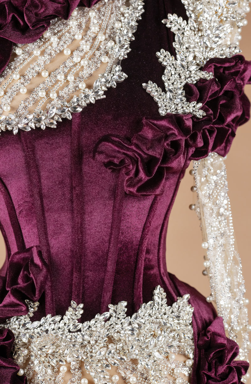 Sihëna Amaranth Pearl Opus — burgundy high-neck long-sleeve mermaid evening dress