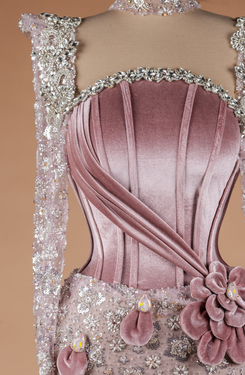 Sihëna Blush Petal Tapestry — dusty-rose high-neck long-sleeve mermaid evening dress