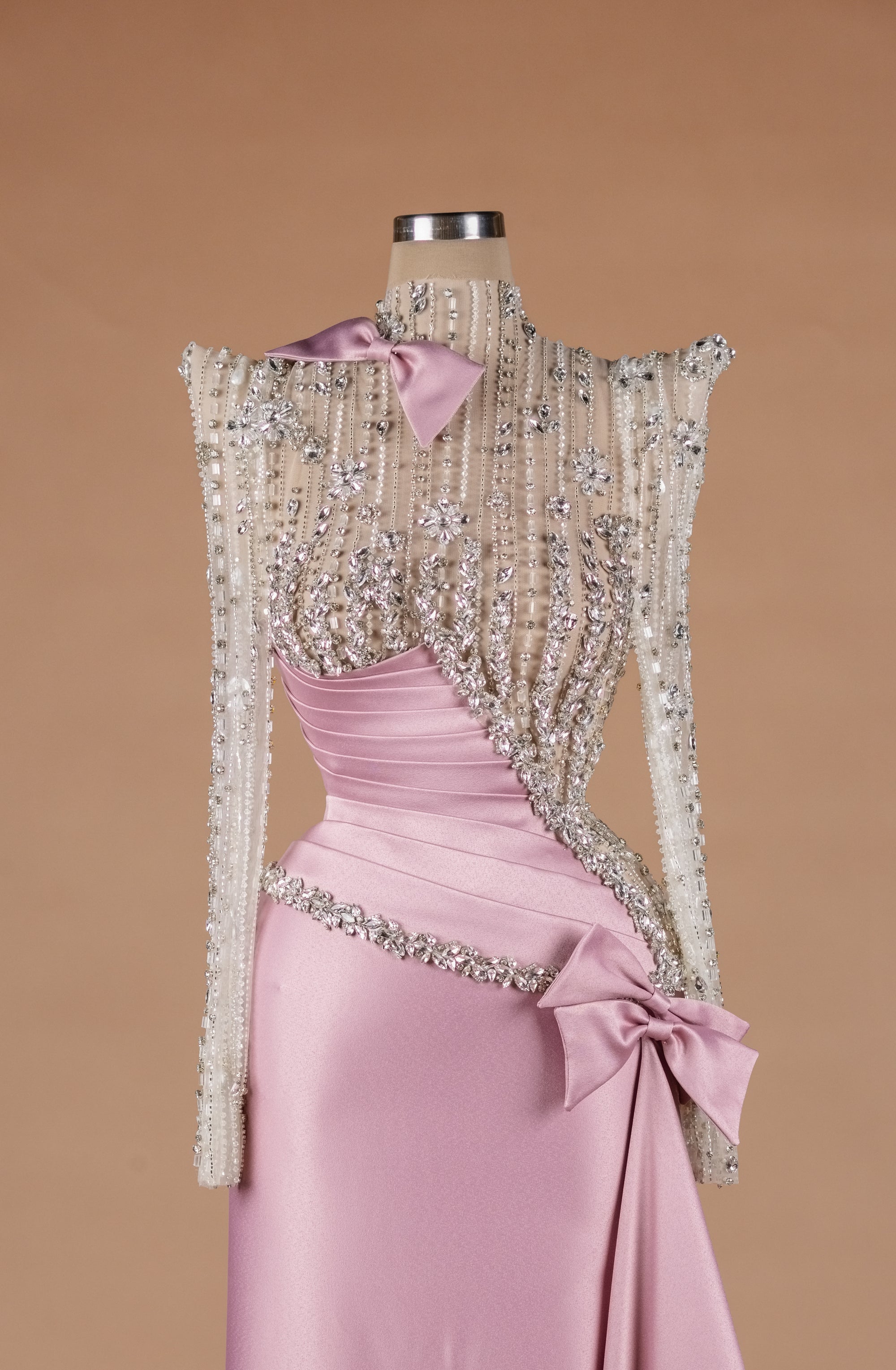 Sihëna Opaline Ribbon Sonnet — blush high-neck long-sleeve a-line evening dress
