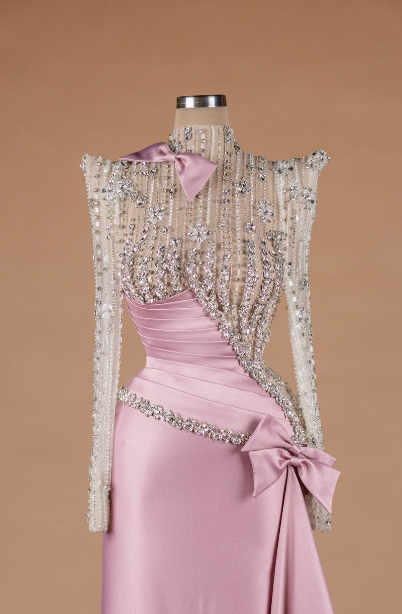 Sihëna Opaline Ribbon Sonnet — blush high-neck long-sleeve a-line evening dress