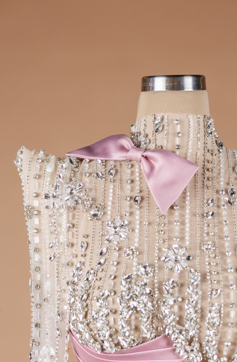 Sihëna Opaline Ribbon Sonnet — blush high-neck long-sleeve a-line evening dress