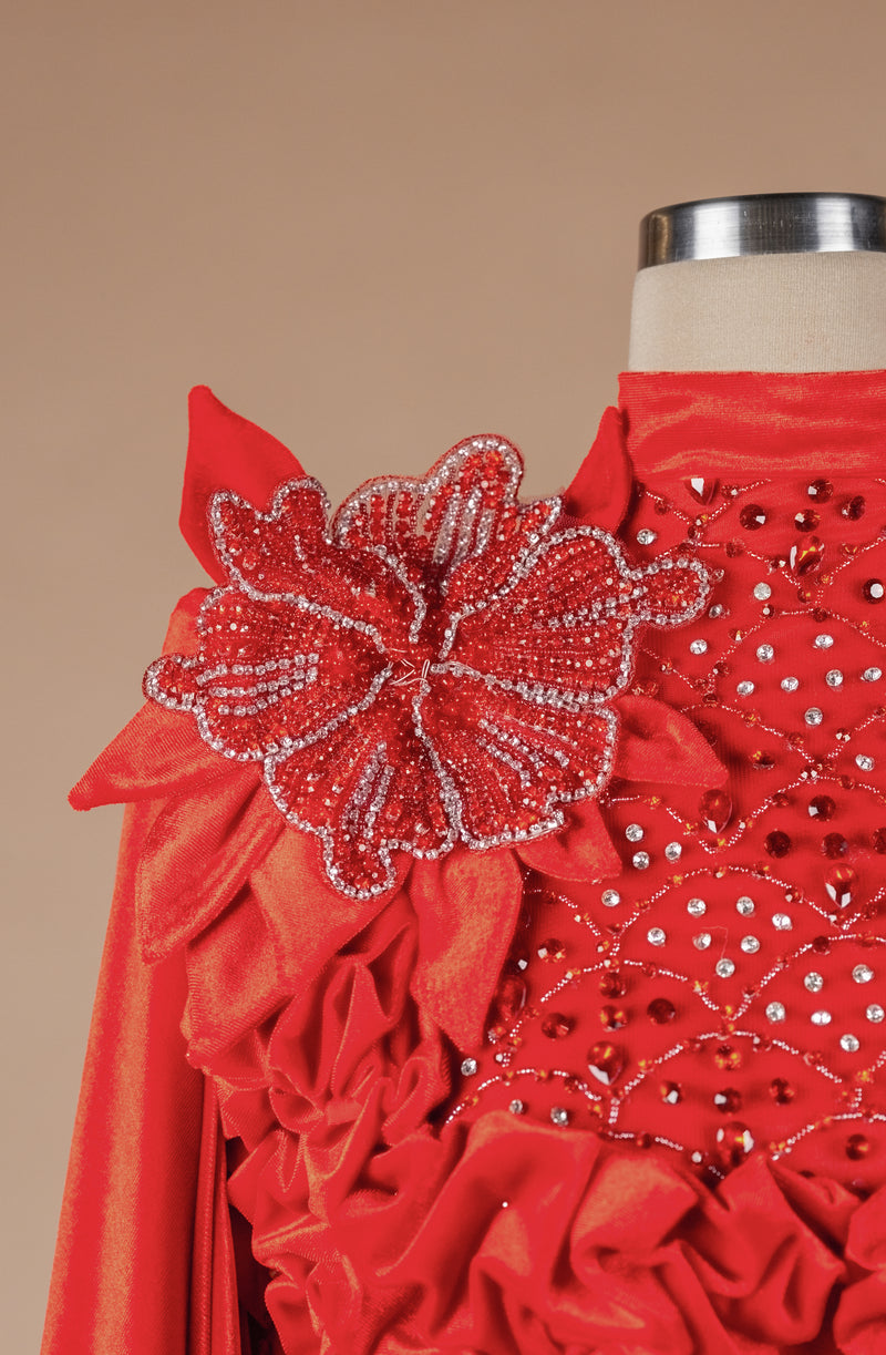 Sihëna Pomegranate Court Bloom — red high-neck long-sleeve column evening dress