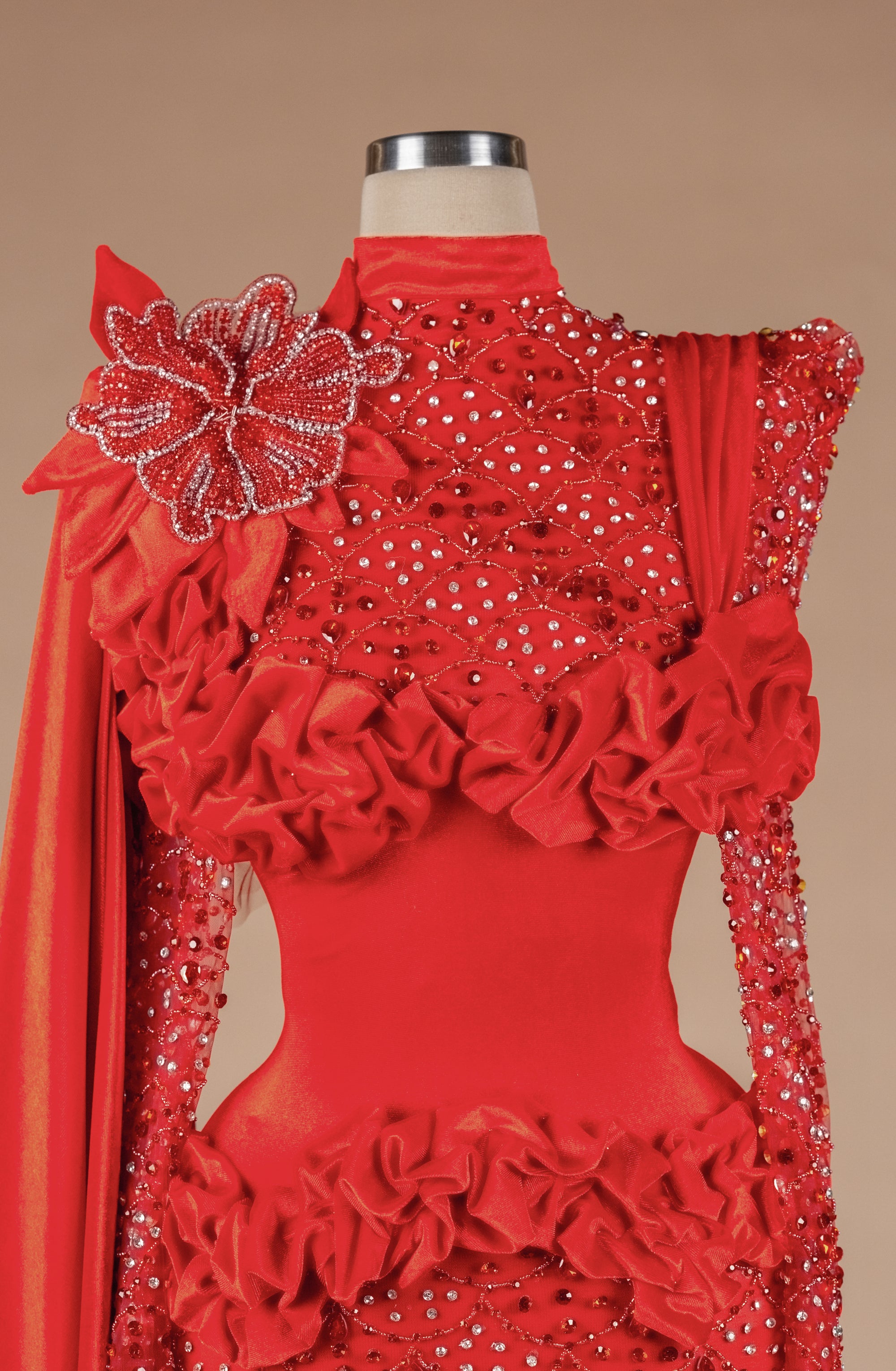 Sihëna Pomegranate Court Bloom — red high-neck long-sleeve column evening dress