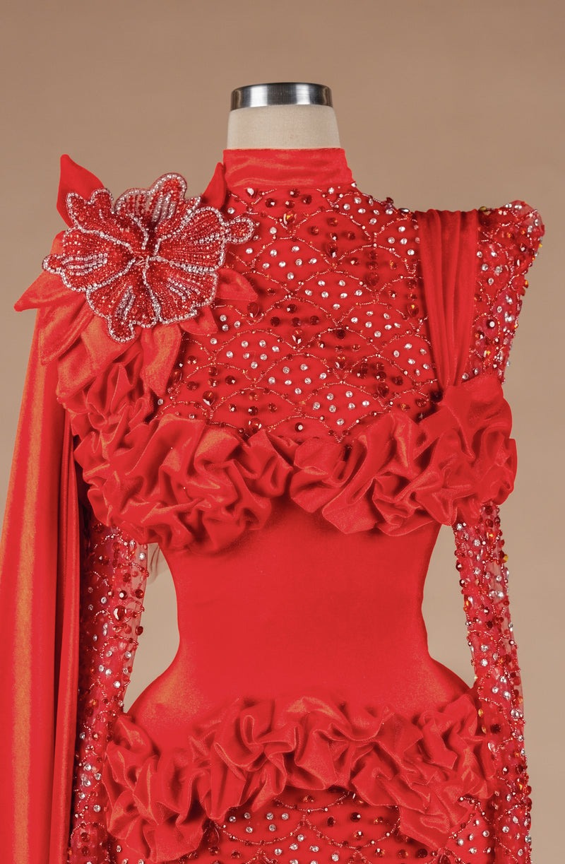 Sihëna Pomegranate Court Bloom — red high-neck long-sleeve column evening dress
