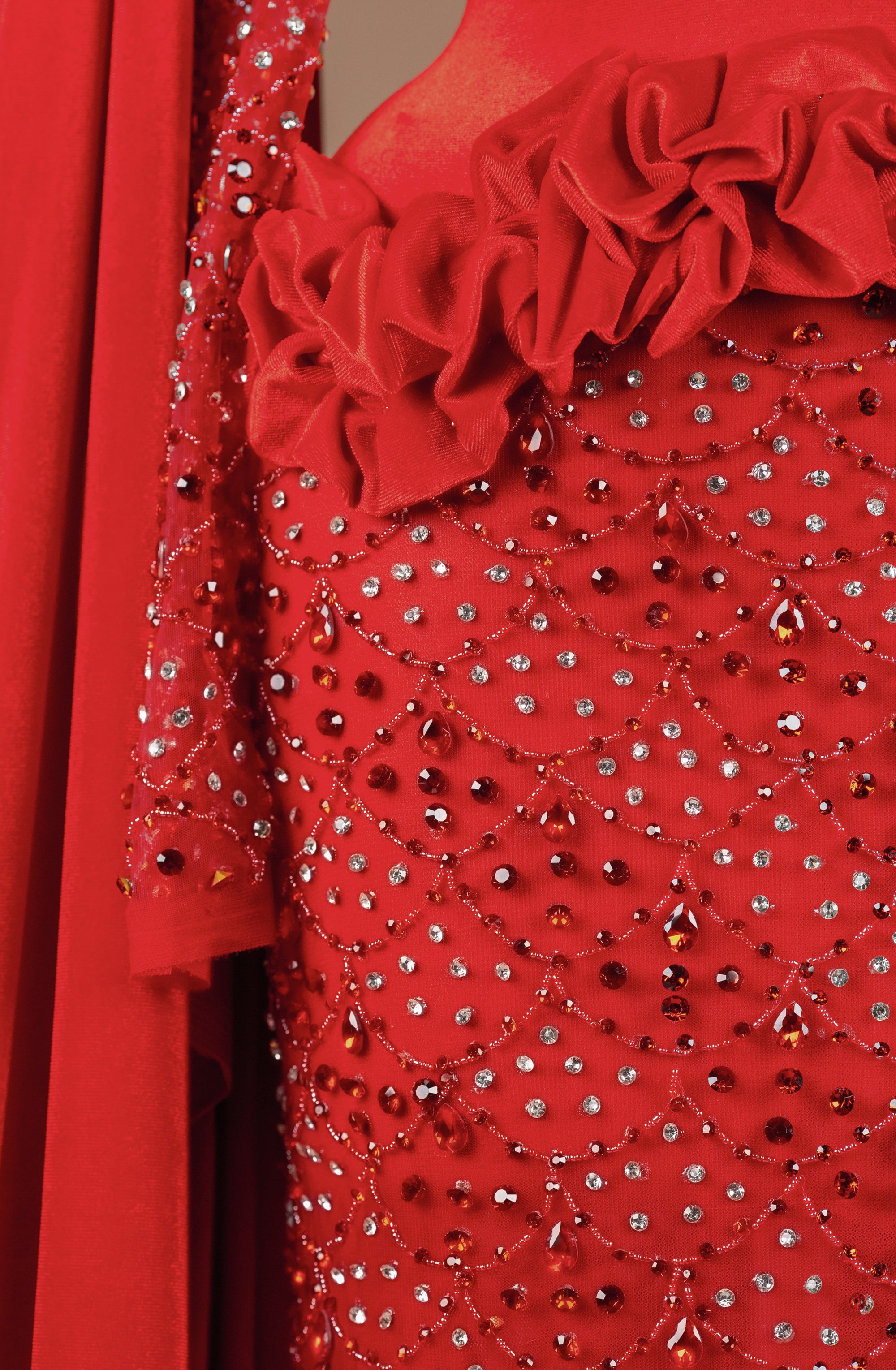 Sihëna Pomegranate Court Bloom — red high-neck long-sleeve column evening dress