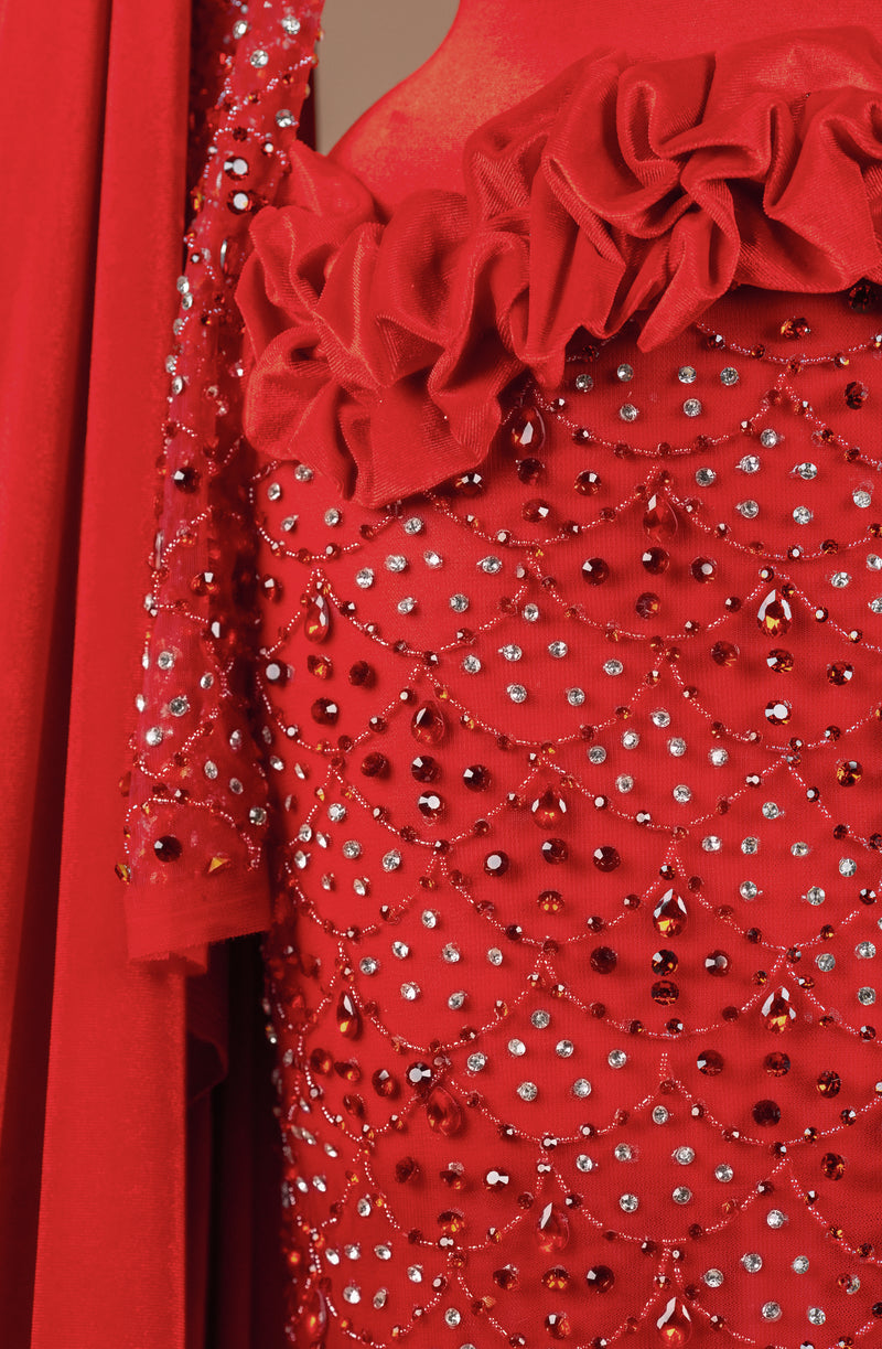 Sihëna Pomegranate Court Bloom — red high-neck long-sleeve column evening dress