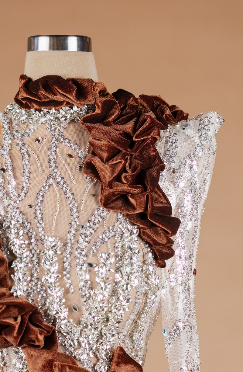 Sihëna Cocoa Rosette Sovereign — chocolate high-neck long-sleeve mermaid evening dress