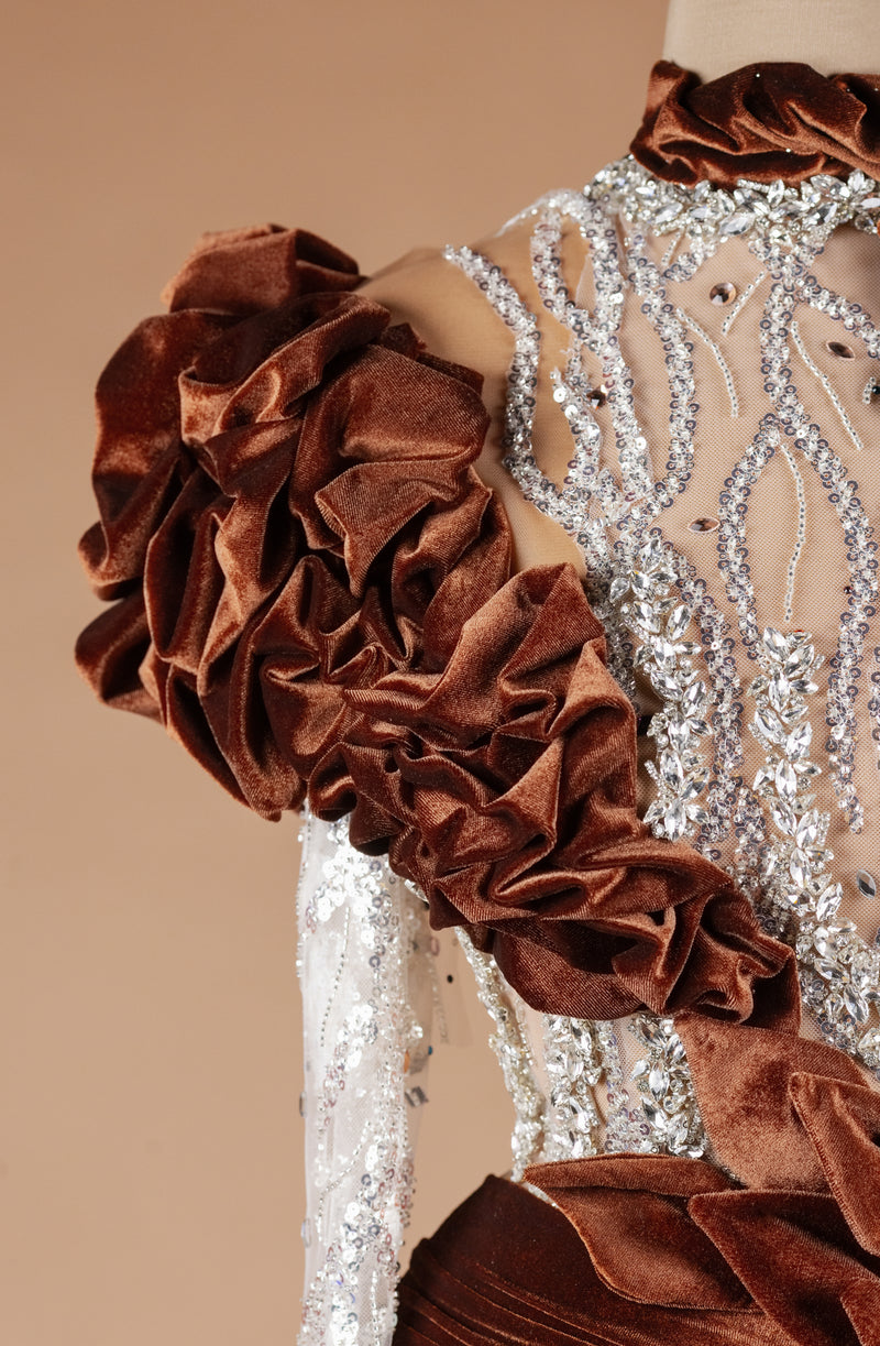 Sihëna Cocoa Rosette Sovereign — chocolate high-neck long-sleeve mermaid evening dress