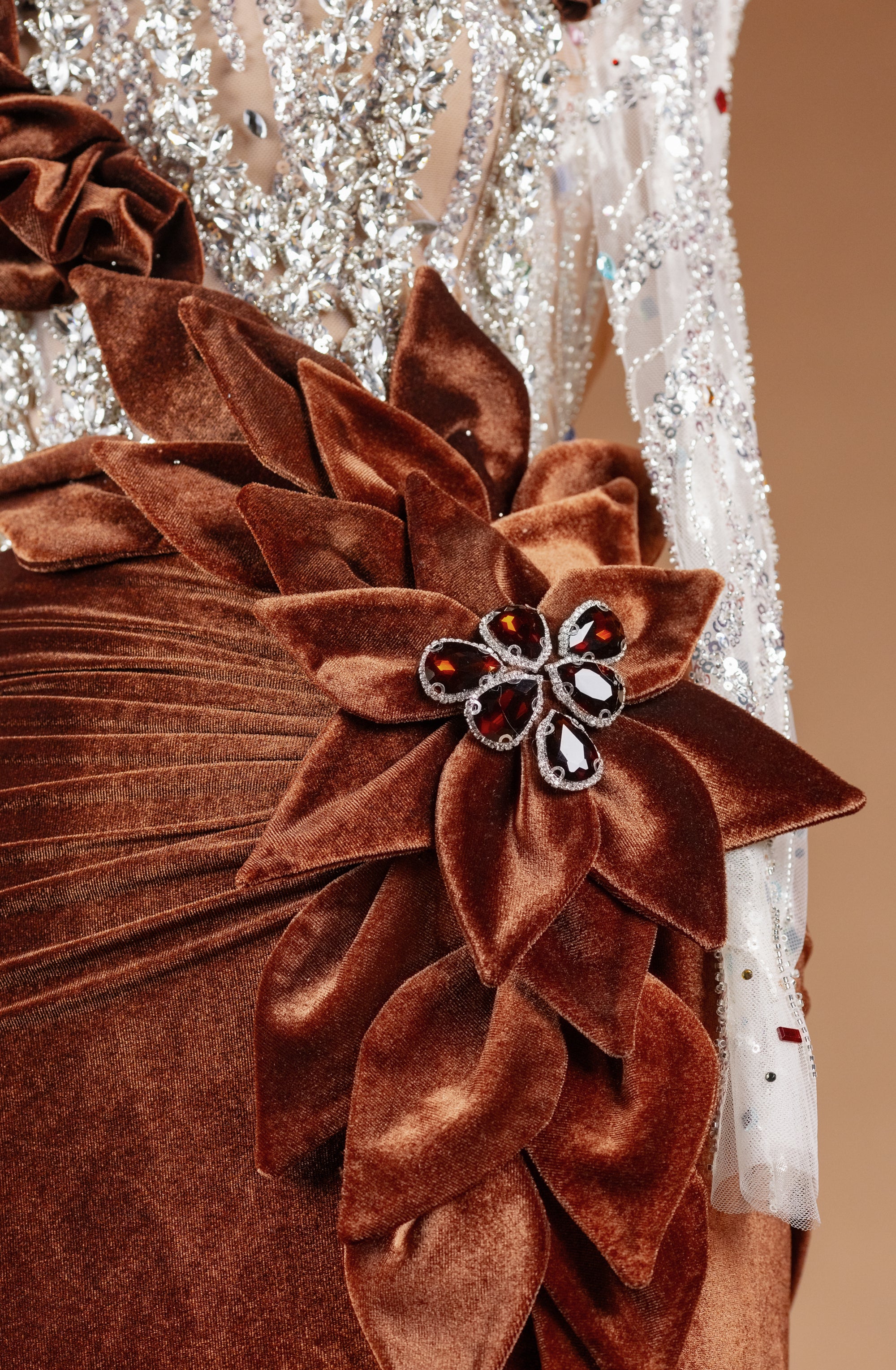 Sihëna Cocoa Rosette Sovereign — chocolate high-neck long-sleeve mermaid evening dress