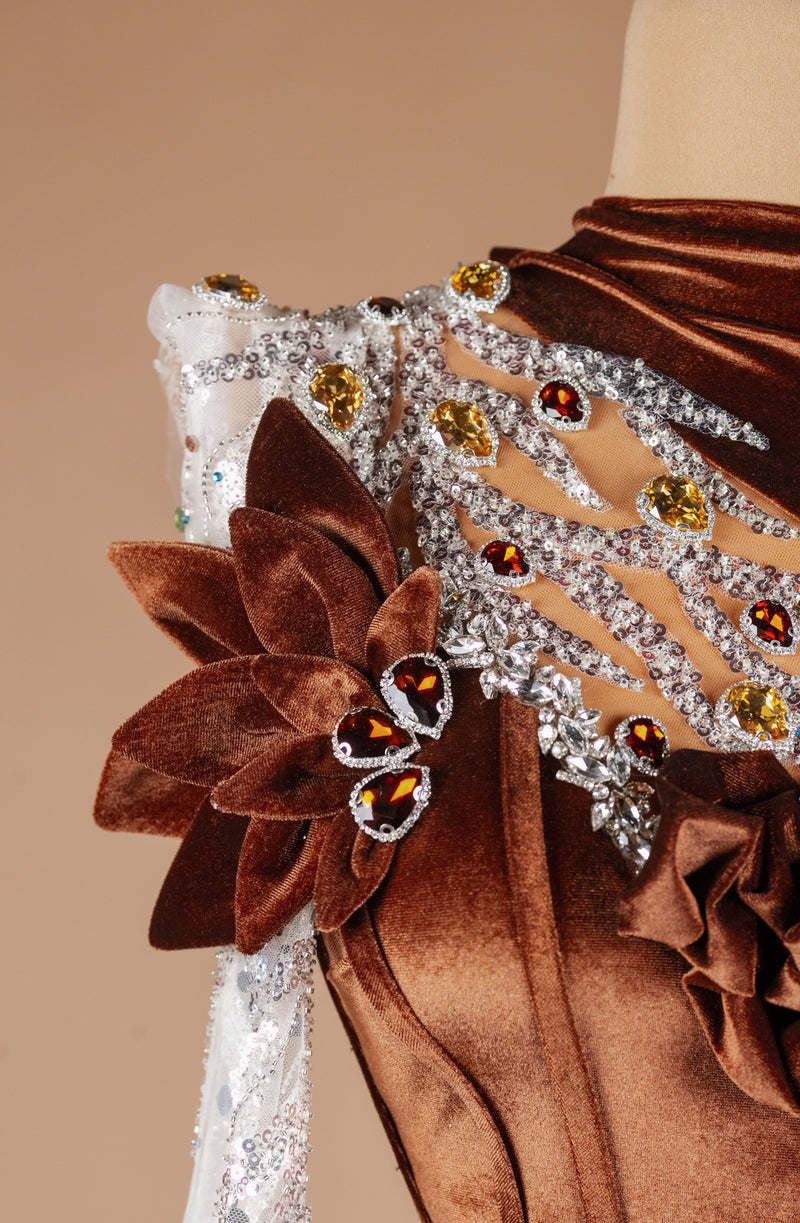Sihëna Bronze Petal Crown — chocolate high-neck long-sleeve mermaid evening dress