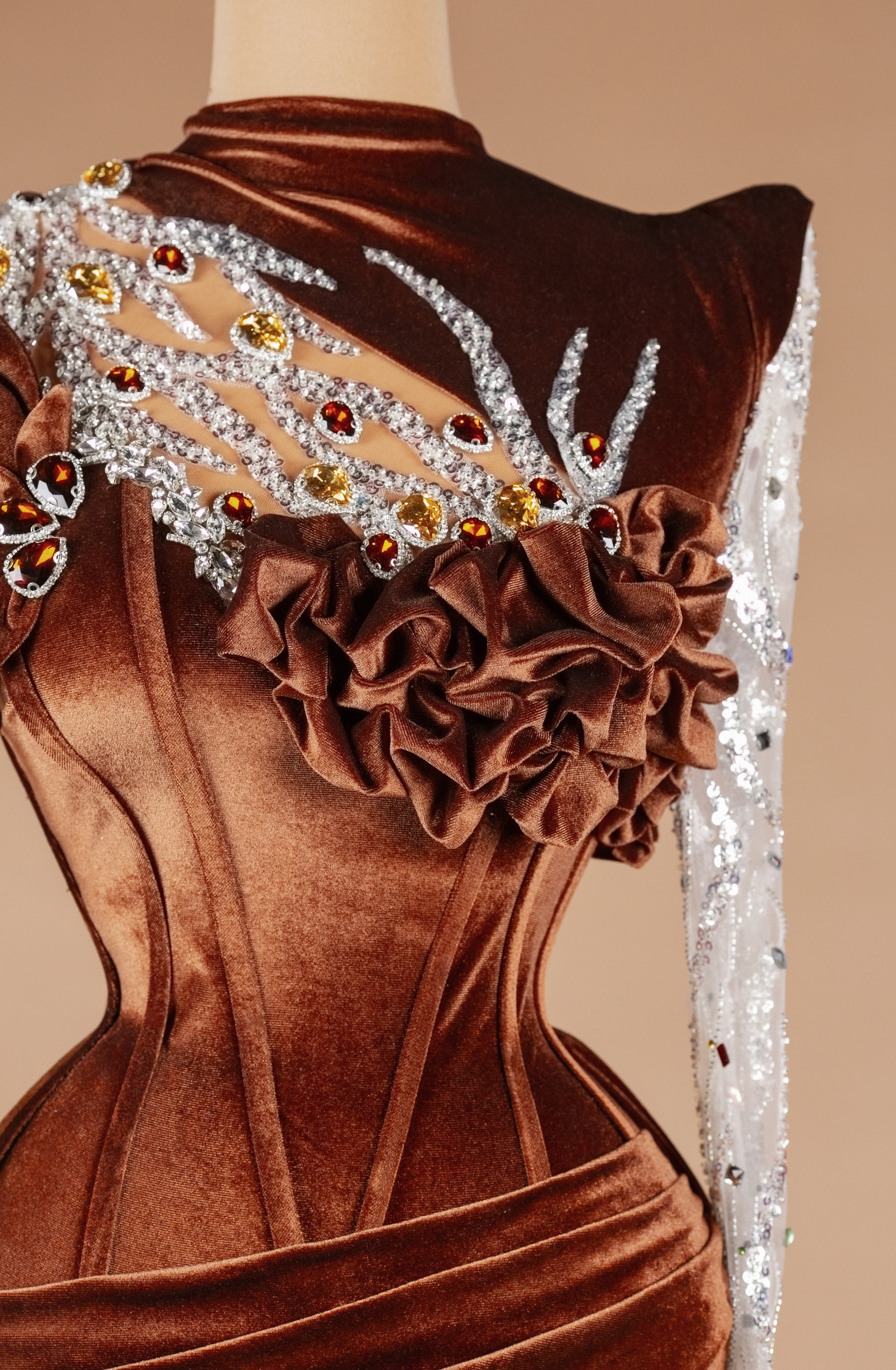 Sihëna Bronze Petal Crown — chocolate high-neck long-sleeve mermaid evening dress