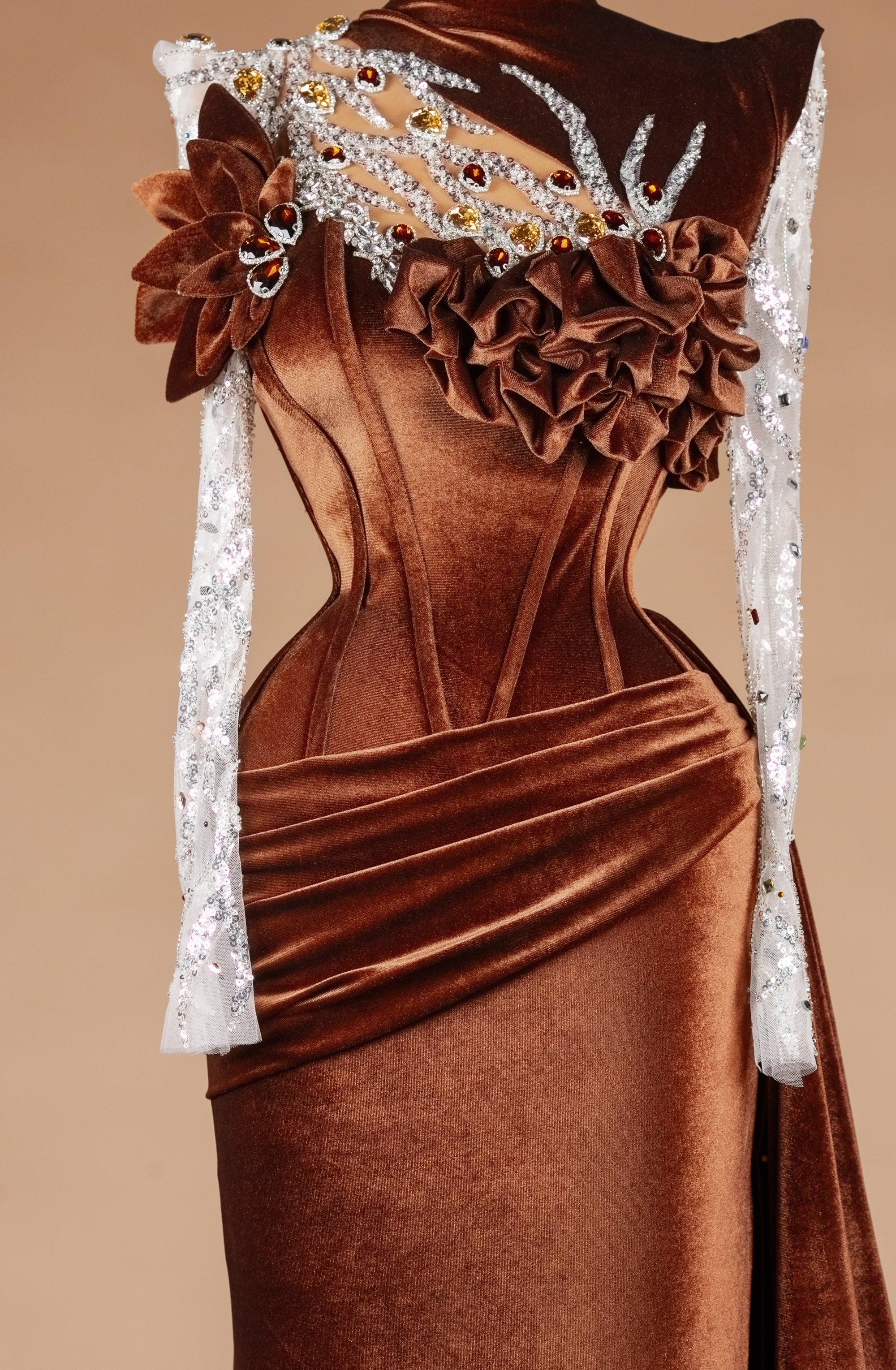 Sihëna Bronze Petal Crown — chocolate high-neck long-sleeve mermaid evening dress