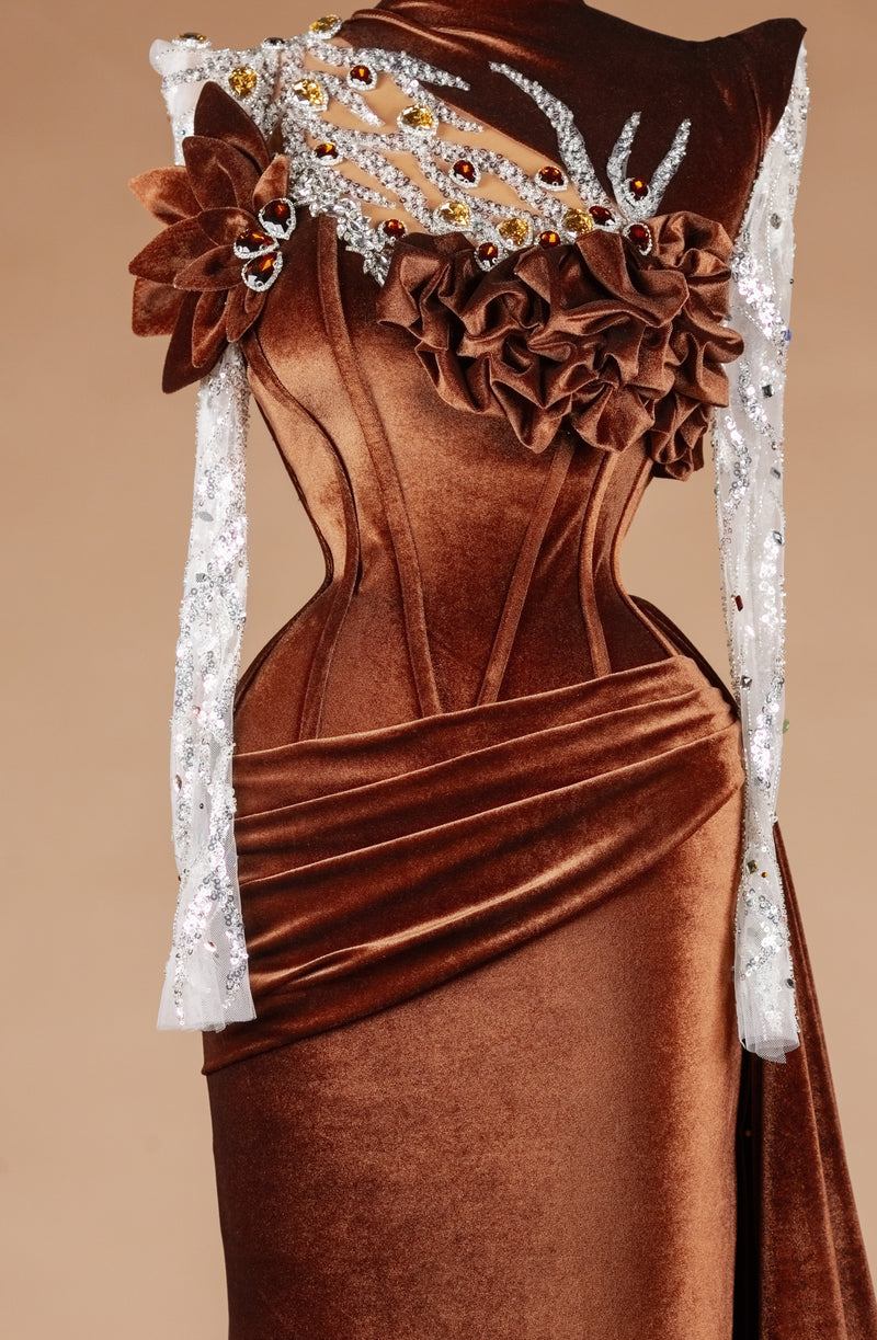 Sihëna Bronze Petal Crown — chocolate high-neck long-sleeve mermaid evening dress
