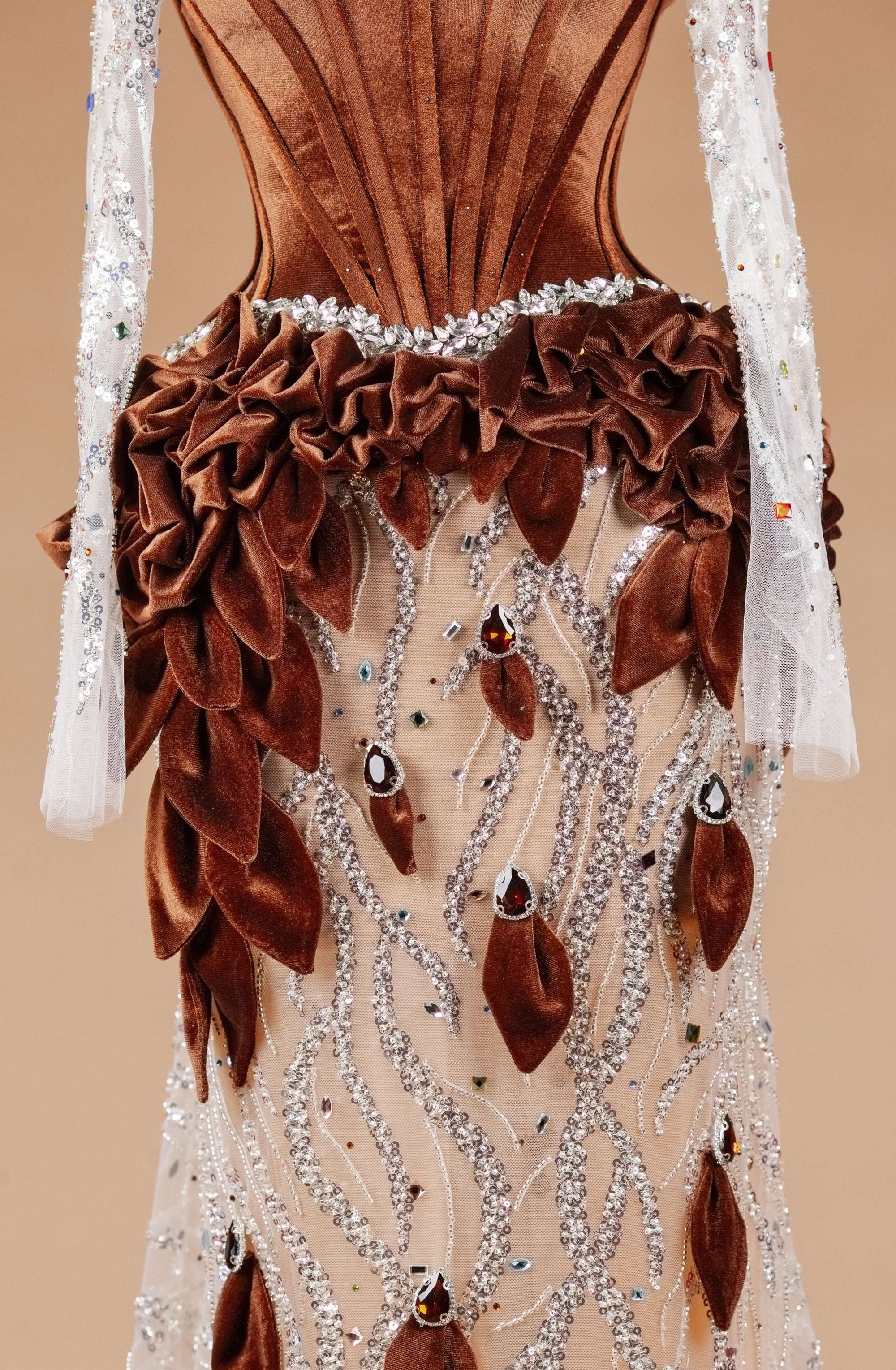 Sihëna Cacao Laurel Cascade — chocolate high-neck long-sleeve mermaid evening dress