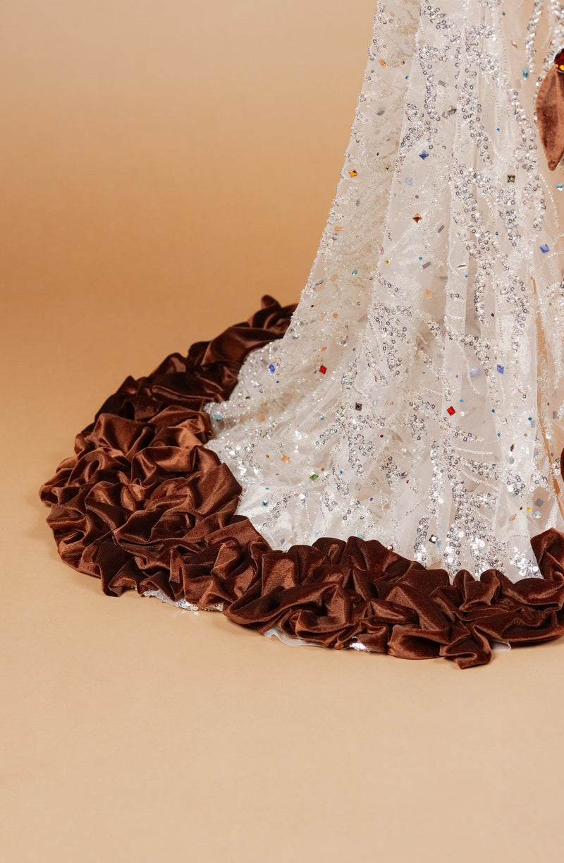Sihëna Cacao Laurel Cascade — chocolate high-neck long-sleeve mermaid evening dress