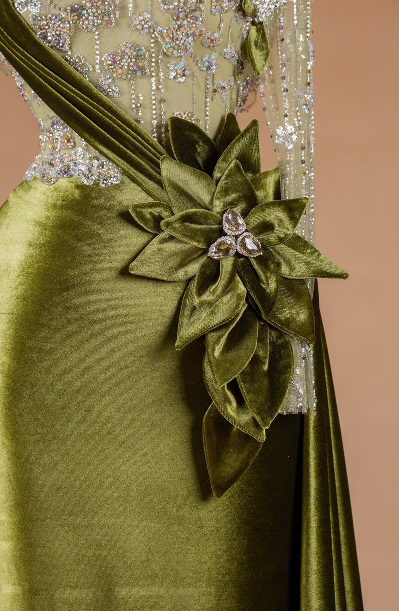 Sihëna Olive Crest Reverence — olive high-neck long-sleeve mermaid evening dress