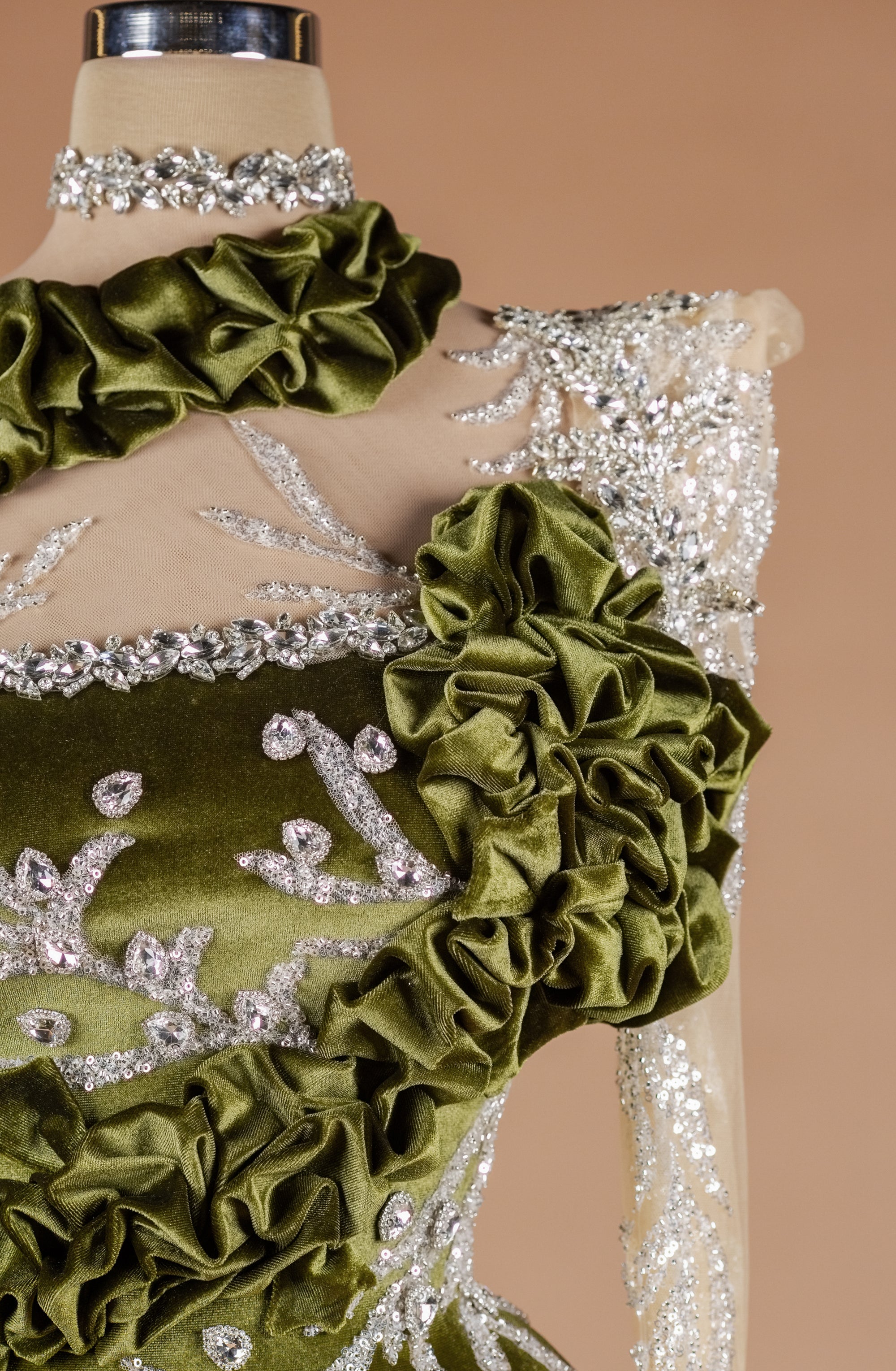 Sihëna Mossed Velvet Rhapsody — olive high-neck long-sleeve mermaid evening dress