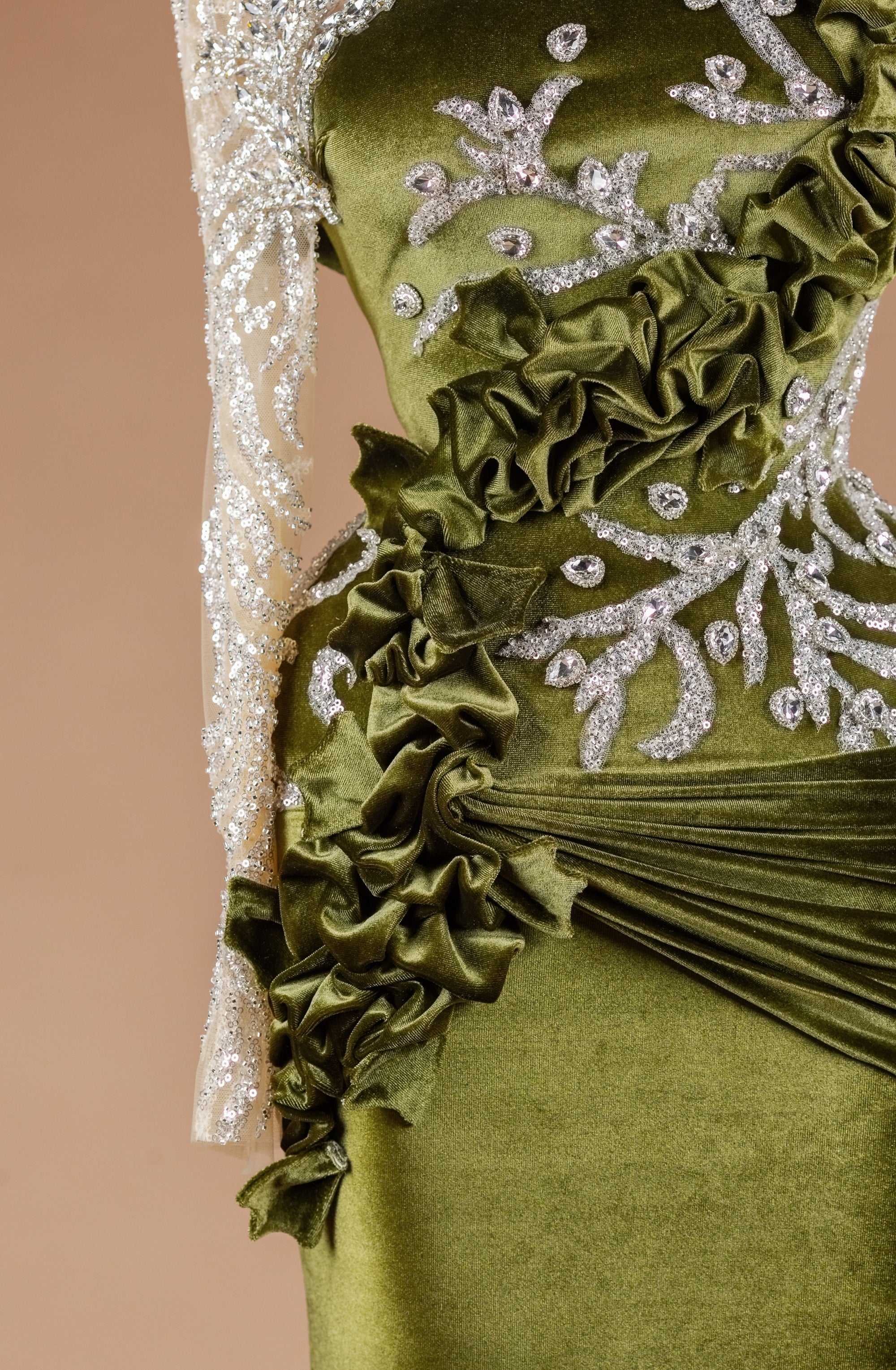 Sihëna Mossed Velvet Rhapsody — olive high-neck long-sleeve mermaid evening dress