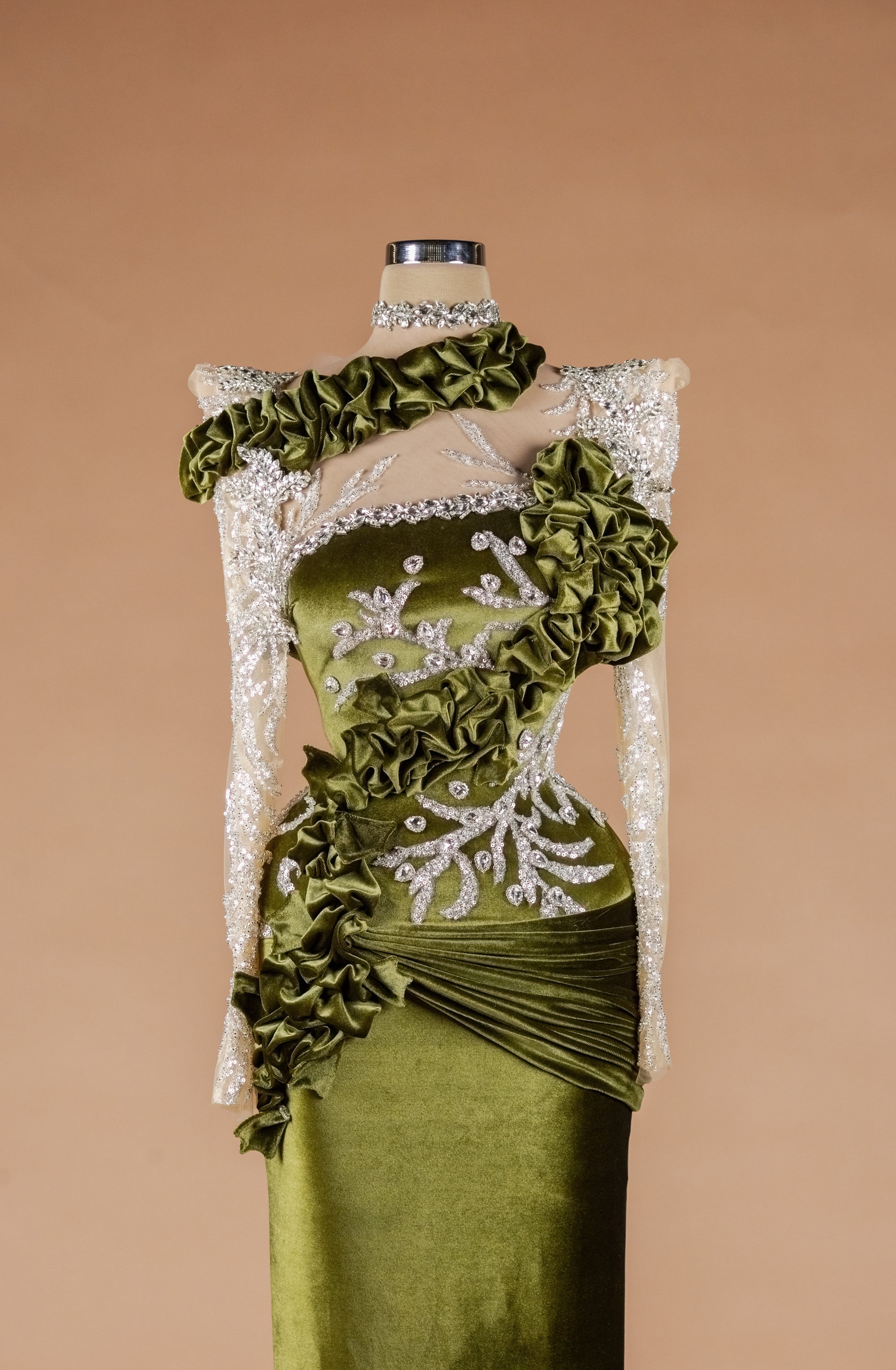 Sihëna Mossed Velvet Rhapsody — olive high-neck long-sleeve mermaid evening dress