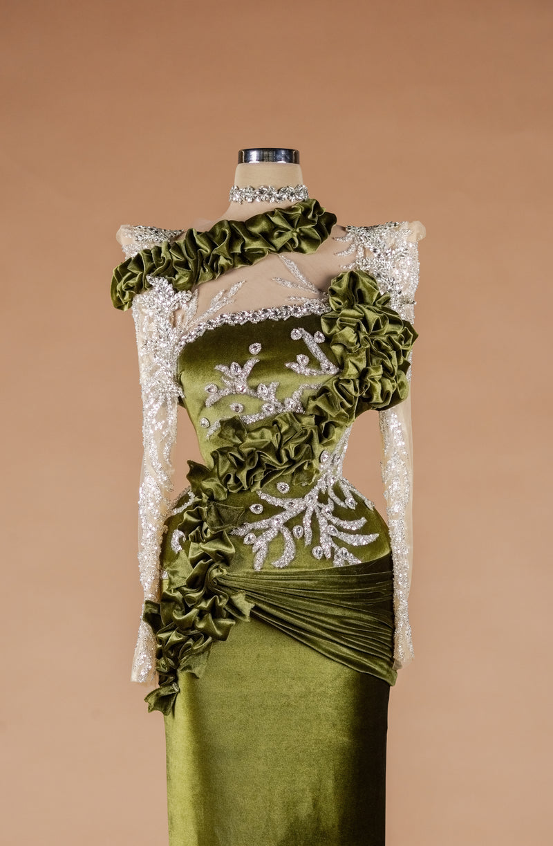 Sihëna Mossed Velvet Rhapsody — olive high-neck long-sleeve mermaid evening dress