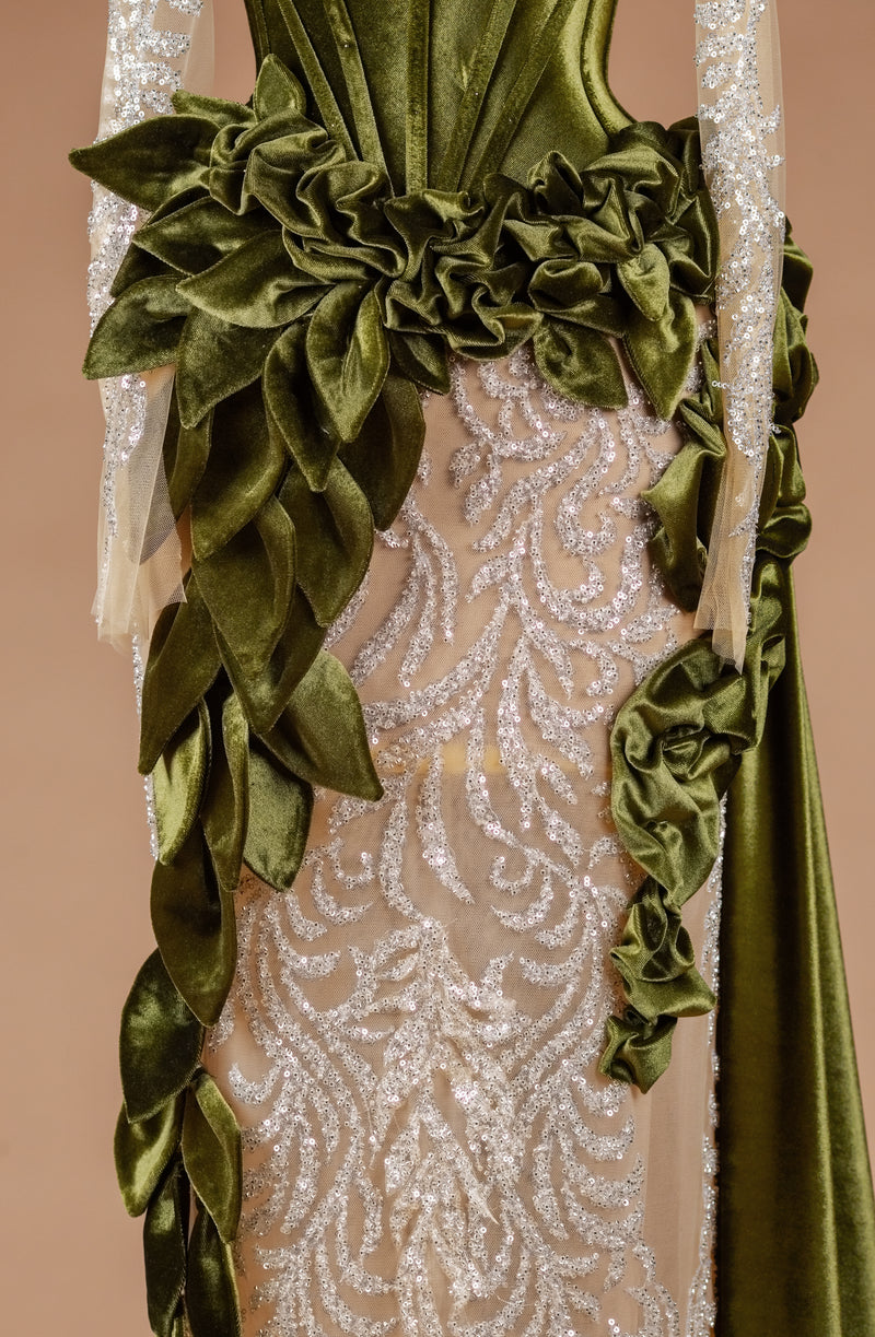 Sihëna Verdant Laurel Tapestry — olive high-neck long-sleeve mermaid evening dress