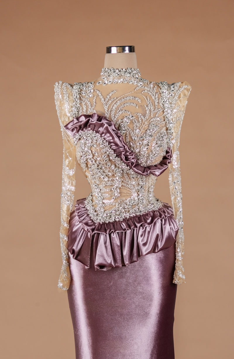 Sihëna Moonlit Mauve Reliquary — mauve high-neck long-sleeve column evening dress