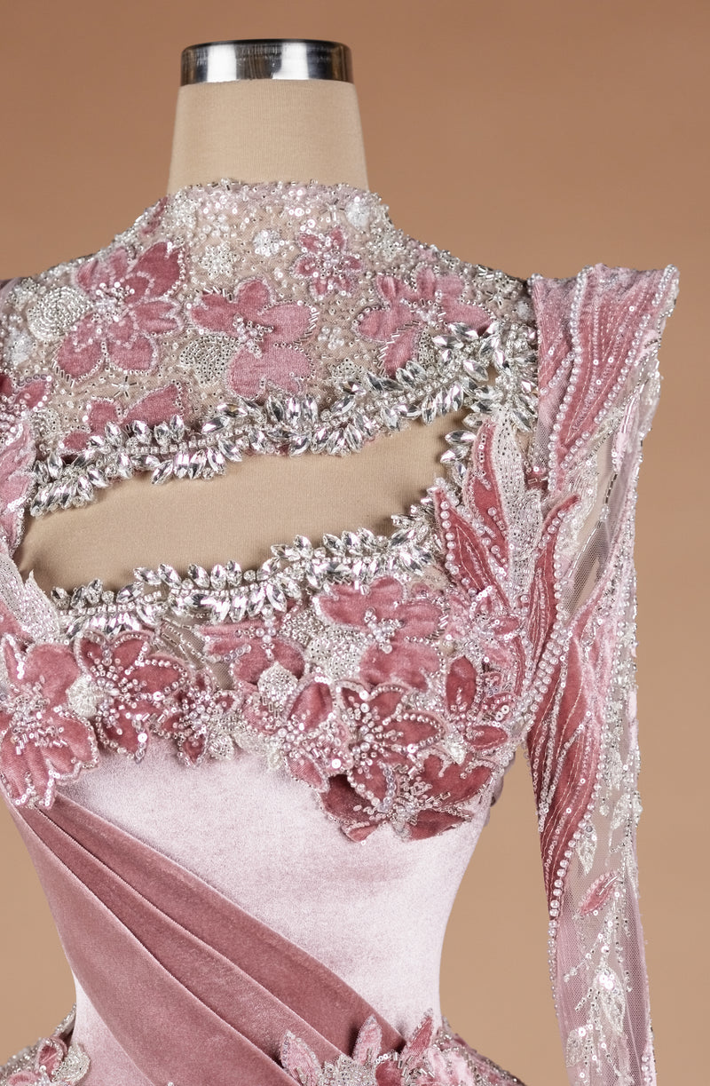 Sihëna Petal Script Sonata — dusty-rose high-neck long-sleeve mermaid evening dress