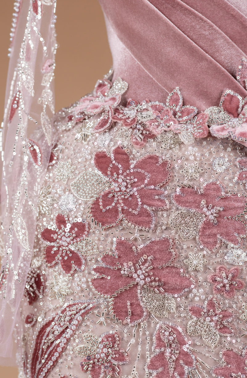 Sihëna Petal Script Sonata — dusty-rose high-neck long-sleeve mermaid evening dress