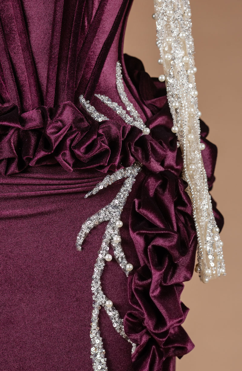 Sihëna Imperial Plum Sonata — burgundy high-neck long-sleeve column evening dress