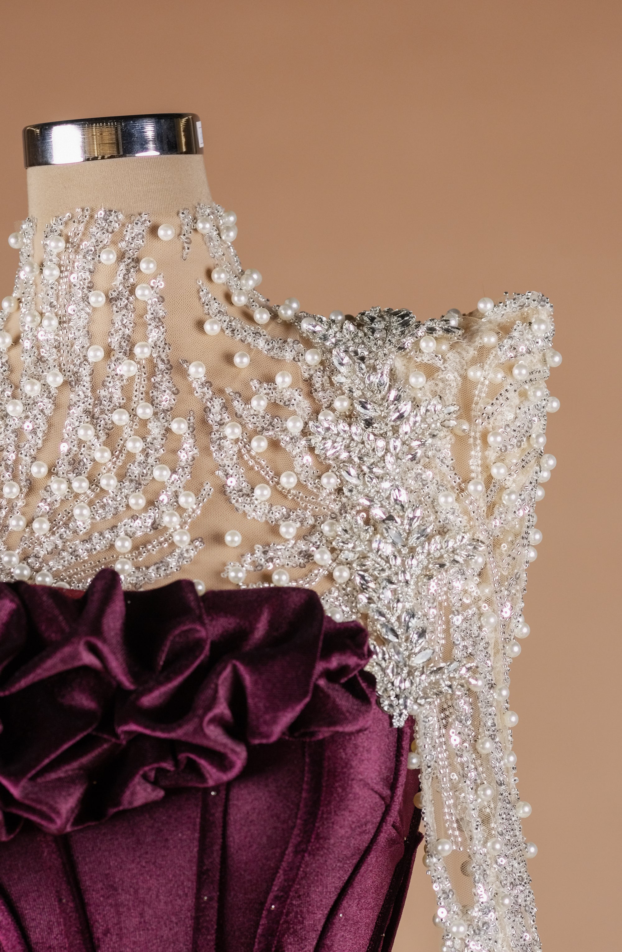 Sihëna Imperial Plum Sonata — burgundy high-neck long-sleeve column evening dress