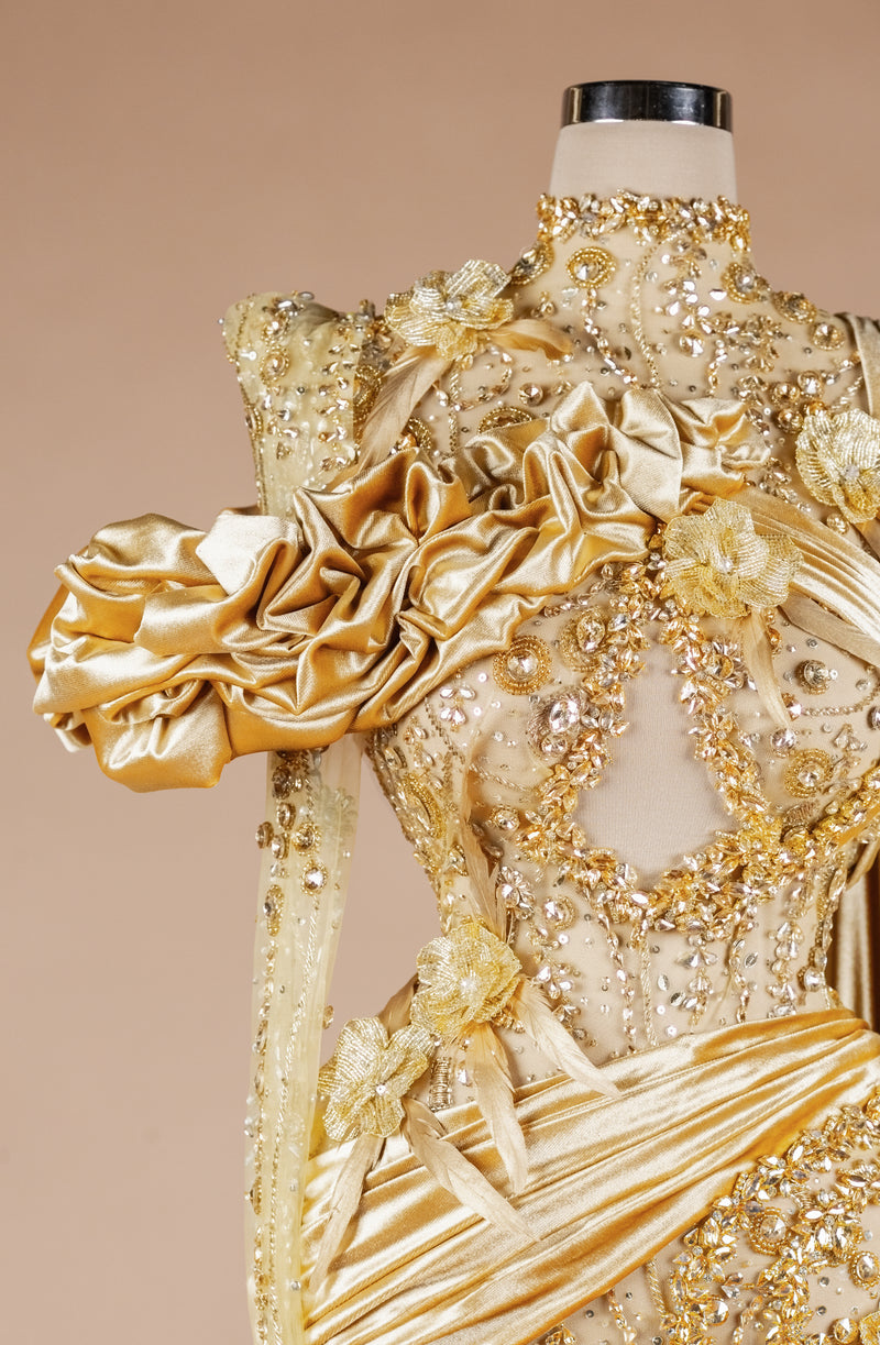 Sihëna Gilded Elysian Column — gold high-neck long-sleeve column evening dress